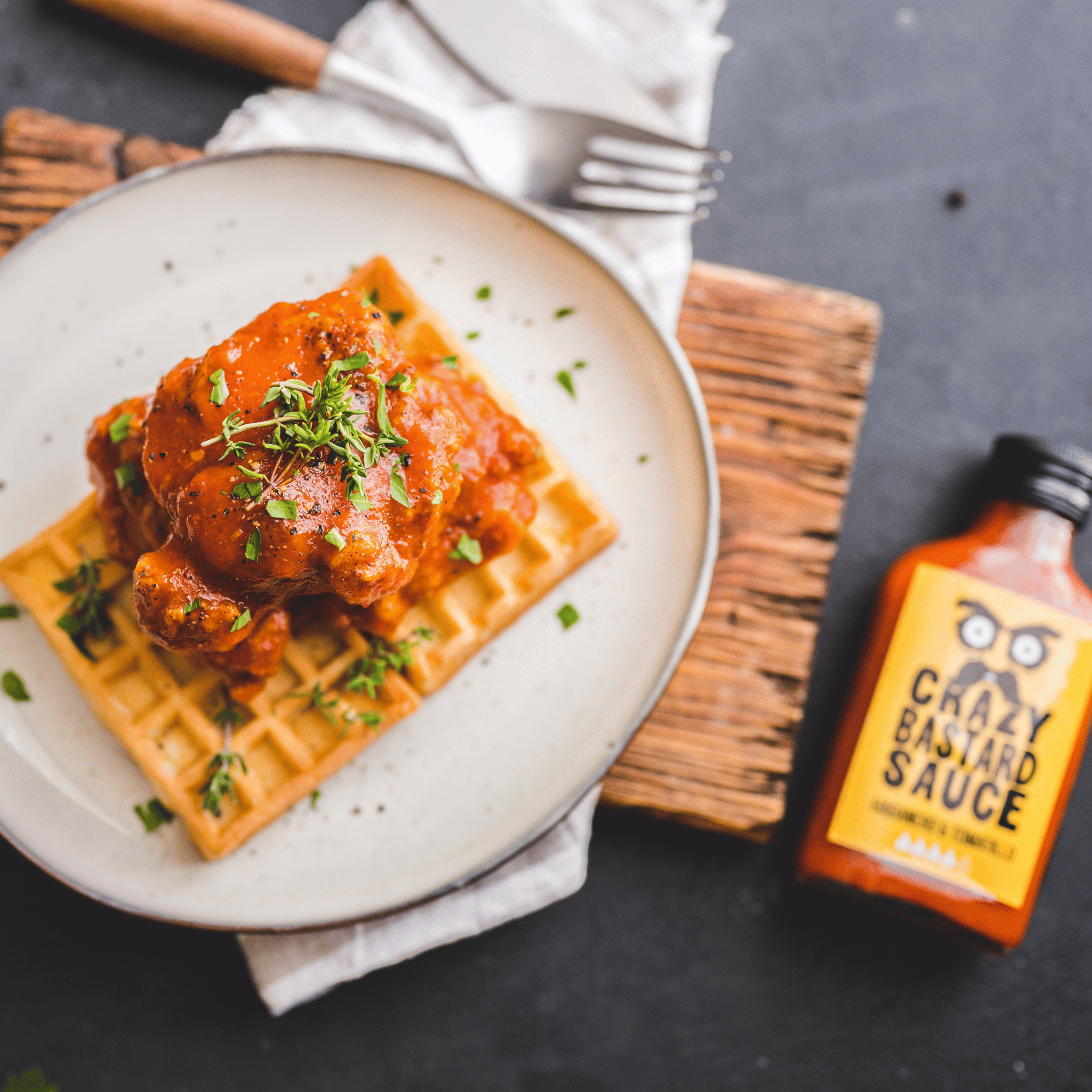 Chicken & Waffles with Habanero Tomatillo Sauce | Crazy Bastard Sauce