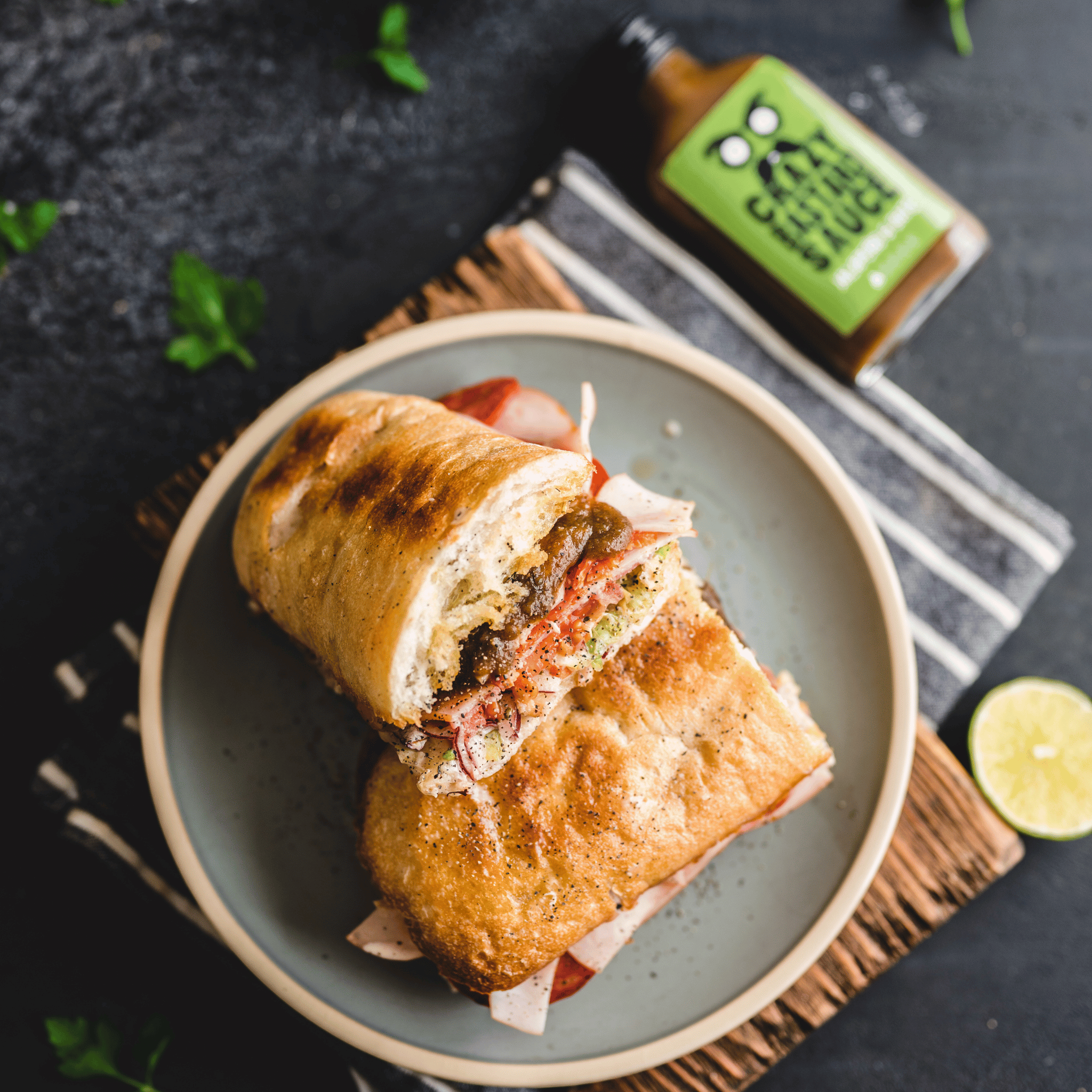Ciabatta Sandwich with Jalapeno & Date Hot Sauce | Crazy Bastard Sauce