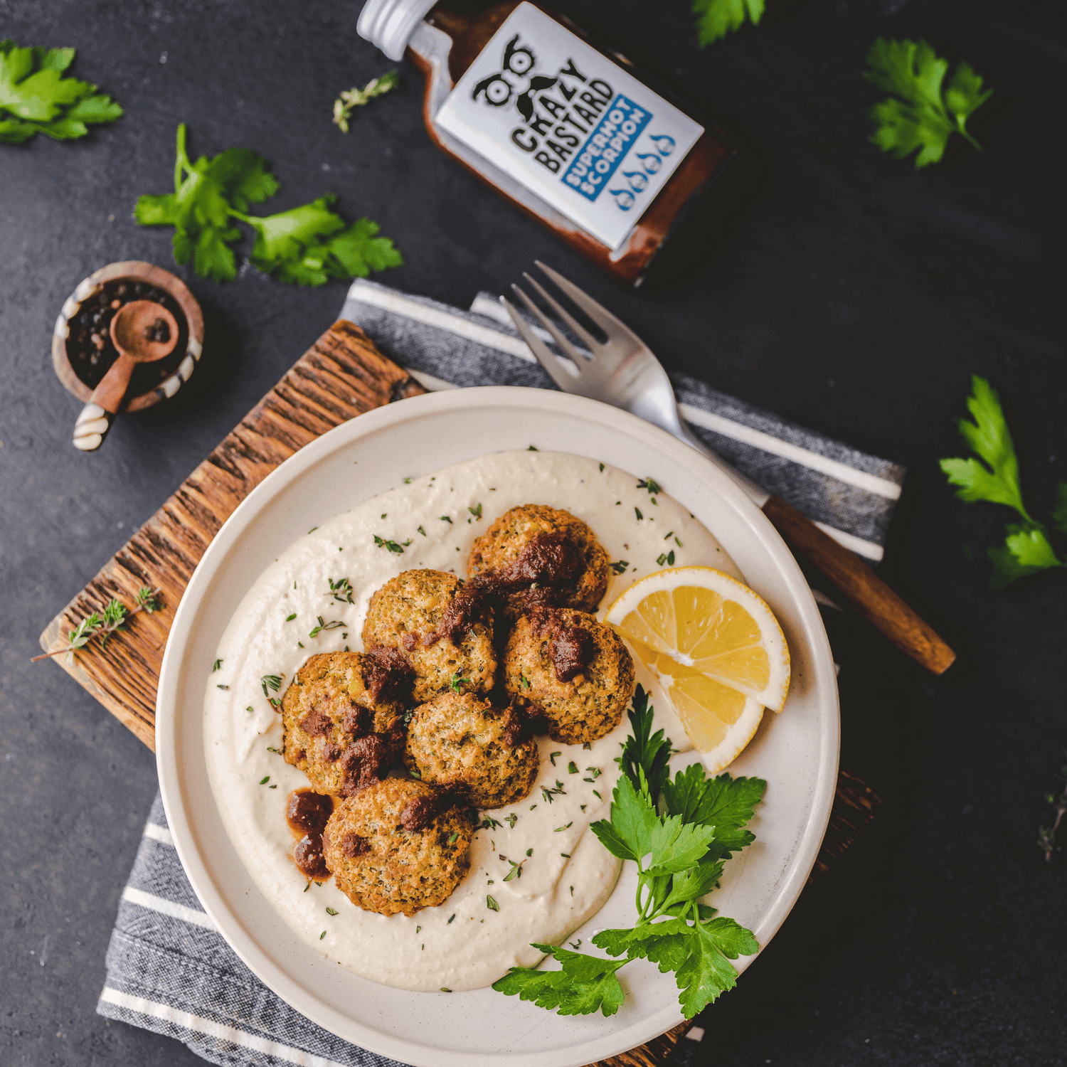 HUMMUS AND FALAFELS WITH SUPERHOT SCORPION HOT SAUCE