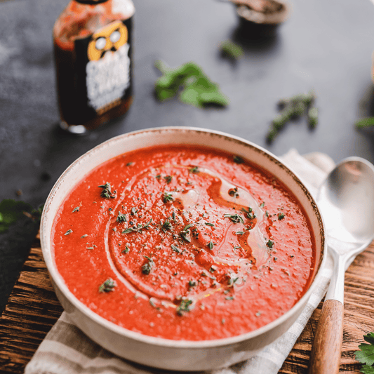 ROASTED PEPPER AND TOMATO SOUP WITH CAROLINA REAPER AND BLUEBERRY HOT SAUCE