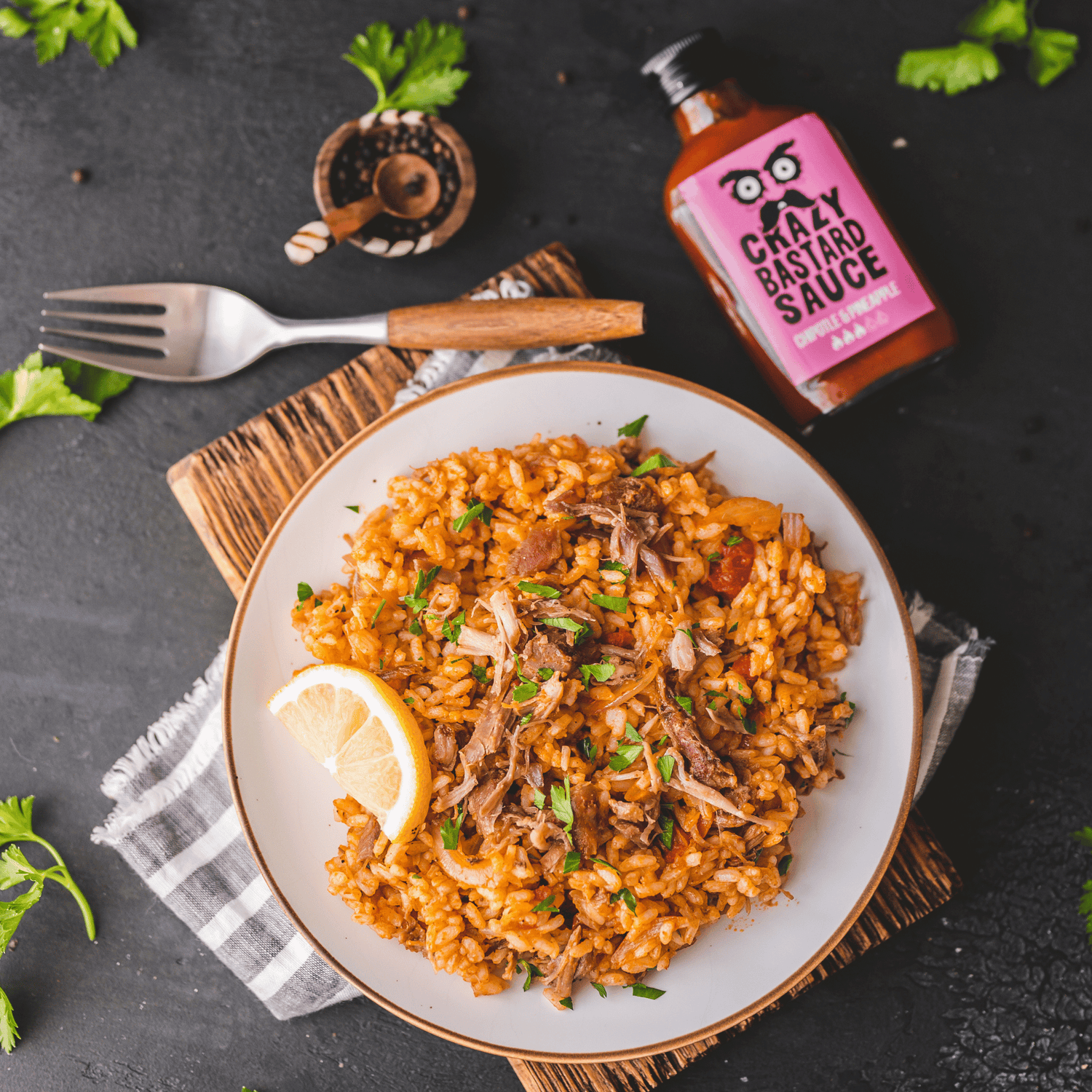SPICY MEXICAN RICE WITH PULLED PORK AND CHIPOTLE AND PINEAPPLE HOT SAUCE