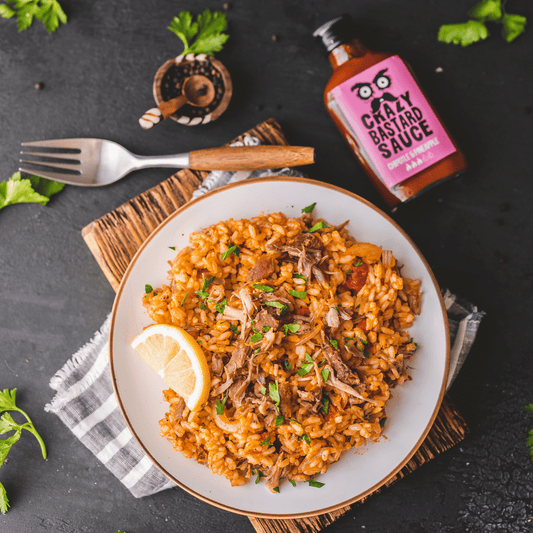 SPICY MEXICAN RICE WITH PULLED PORK AND CHIPOTLE AND PINEAPPLE HOT SAUCE