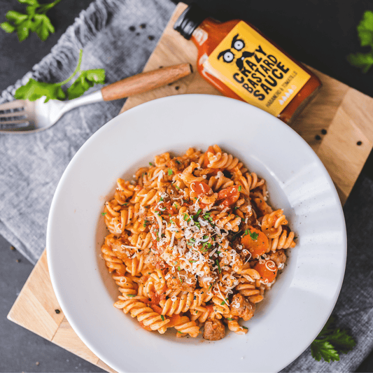 SPICY SAUSAGE PASTA WITH HABANERO AND TOMATILLO HOT SAUCE